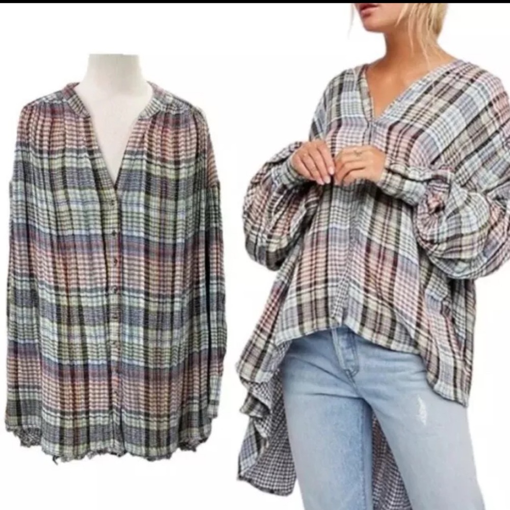 FREE PEOPLE❤️Come On Over, plaid oversized tunic, button down,raw hem,SZ XS,NWOT